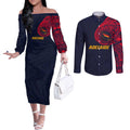Personalized Adelaide Crows Polynesian Couples Matching Off The Shoulder Long Sleeve Dress and Long Sleeve Button Shirt Tribal Chest and Sleeve Tattoo Heritage Warrior
