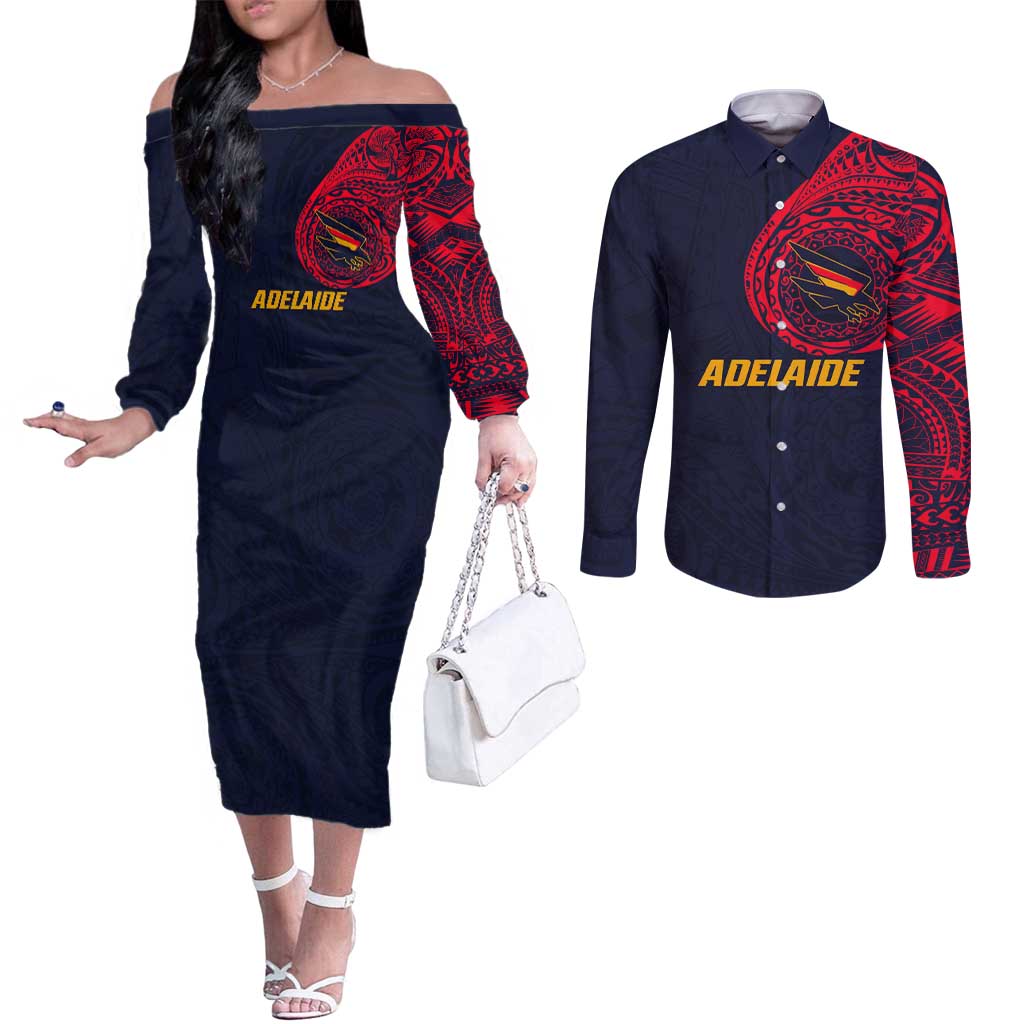 Personalized Adelaide Crows Polynesian Couples Matching Off The Shoulder Long Sleeve Dress and Long Sleeve Button Shirt Tribal Chest and Sleeve Tattoo Heritage Warrior