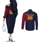 Personalized Adelaide Crows Polynesian Couples Matching Off The Shoulder Long Sleeve Dress and Long Sleeve Button Shirt Tribal Chest and Sleeve Tattoo Heritage Warrior