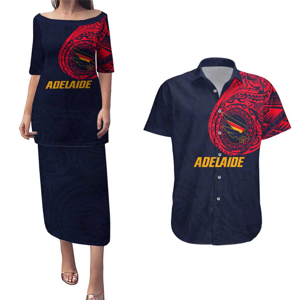 Personalized Adelaide Crows Polynesian Couples Matching Puletasi and Hawaiian Shirt Tribal Chest and Sleeve Tattoo Heritage Warrior