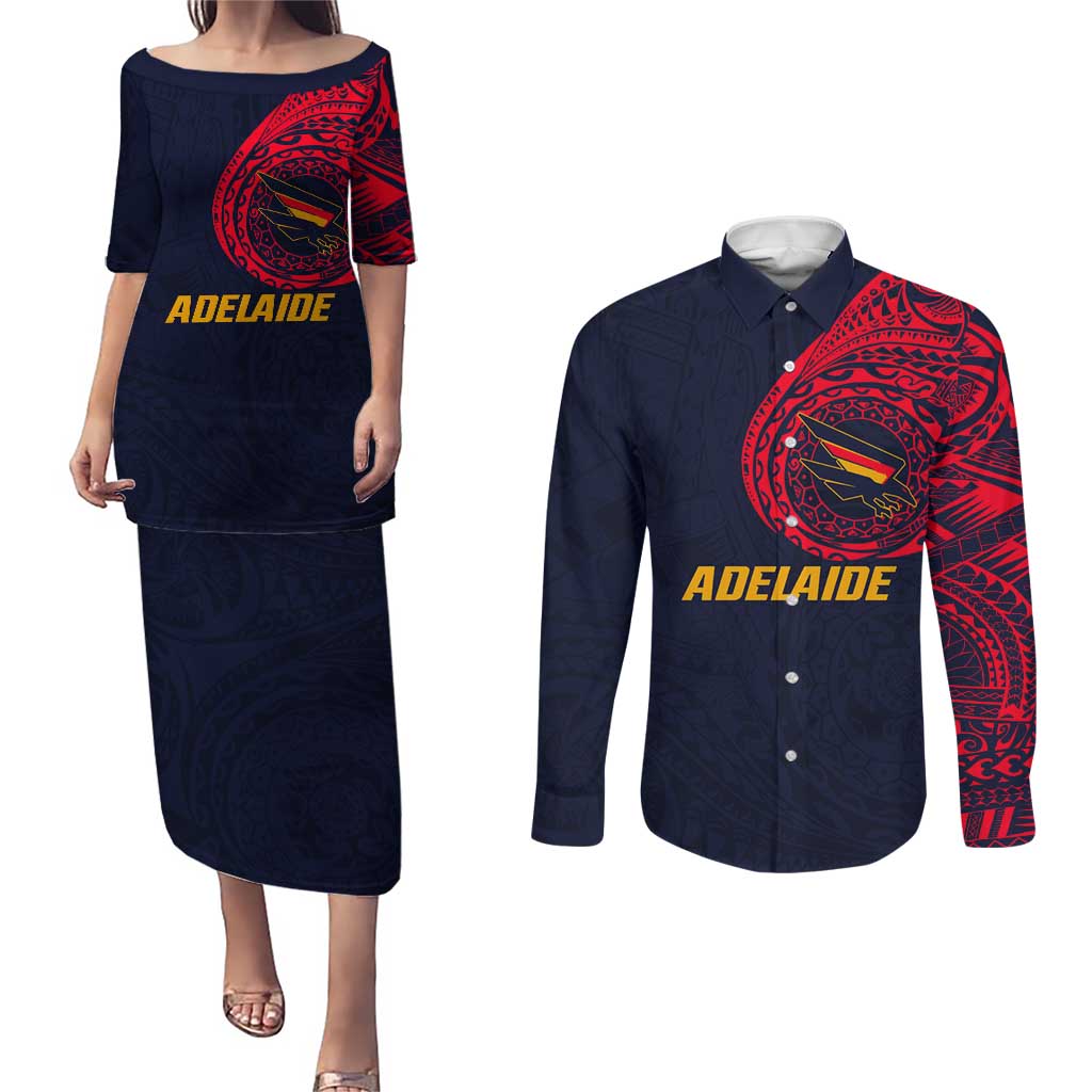 Personalized Adelaide Crows Polynesian Couples Matching Puletasi and Long Sleeve Button Shirt Tribal Chest and Sleeve Tattoo Heritage Warrior