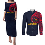 Personalized Adelaide Crows Polynesian Couples Matching Puletasi and Long Sleeve Button Shirt Tribal Chest and Sleeve Tattoo Heritage Warrior