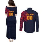 Personalized Adelaide Crows Polynesian Couples Matching Puletasi and Long Sleeve Button Shirt Tribal Chest and Sleeve Tattoo Heritage Warrior