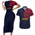 Personalized Adelaide Crows Polynesian Couples Matching Short Sleeve Bodycon Dress and Hawaiian Shirt Tribal Chest and Sleeve Tattoo Heritage Warrior