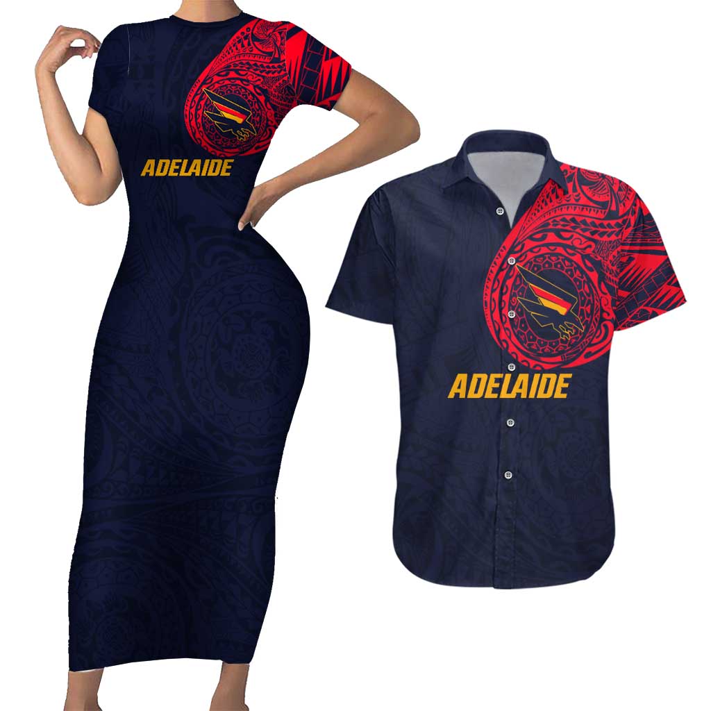 Personalized Adelaide Crows Polynesian Couples Matching Short Sleeve Bodycon Dress and Hawaiian Shirt Tribal Chest and Sleeve Tattoo Heritage Warrior