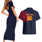 Personalized Adelaide Crows Polynesian Couples Matching Short Sleeve Bodycon Dress and Hawaiian Shirt Tribal Chest and Sleeve Tattoo Heritage Warrior