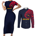Personalized Adelaide Crows Polynesian Couples Matching Short Sleeve Bodycon Dress and Long Sleeve Button Shirt Tribal Chest and Sleeve Tattoo Heritage Warrior