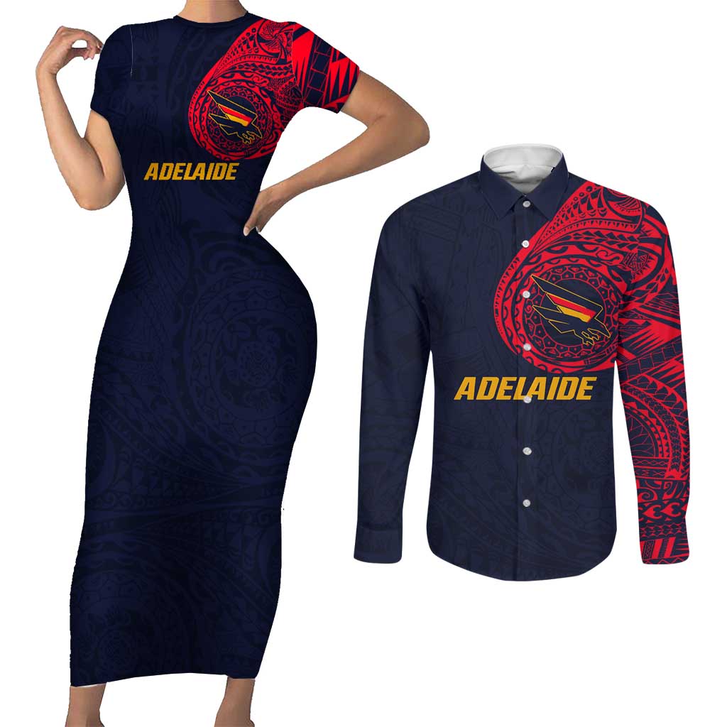 Personalized Adelaide Crows Polynesian Couples Matching Short Sleeve Bodycon Dress and Long Sleeve Button Shirt Tribal Chest and Sleeve Tattoo Heritage Warrior