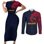 Personalized Adelaide Crows Polynesian Couples Matching Short Sleeve Bodycon Dress and Long Sleeve Button Shirt Tribal Chest and Sleeve Tattoo Heritage Warrior