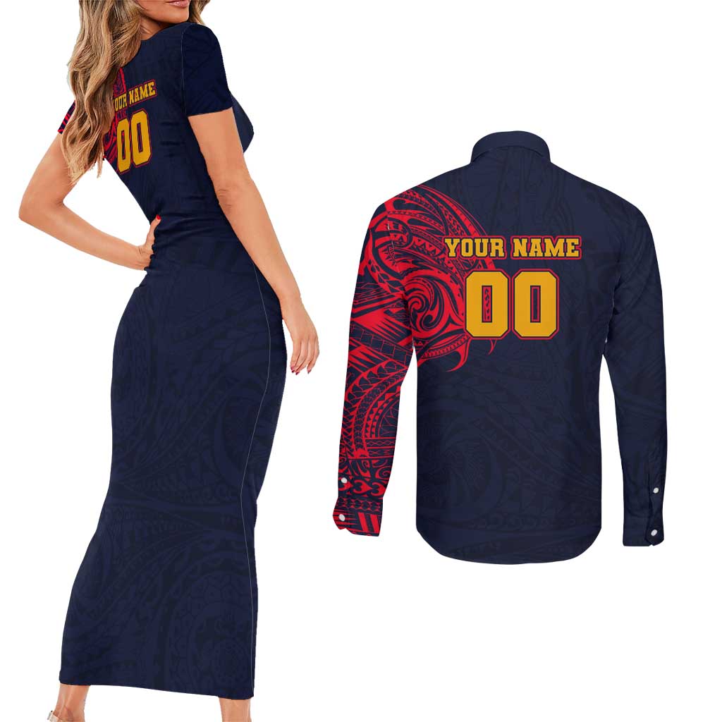 Personalized Adelaide Crows Polynesian Couples Matching Short Sleeve Bodycon Dress and Long Sleeve Button Shirt Tribal Chest and Sleeve Tattoo Heritage Warrior