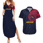 Personalized Adelaide Crows Polynesian Couples Matching Summer Maxi Dress and Hawaiian Shirt Tribal Chest and Sleeve Tattoo Heritage Warrior
