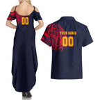 Personalized Adelaide Crows Polynesian Couples Matching Summer Maxi Dress and Hawaiian Shirt Tribal Chest and Sleeve Tattoo Heritage Warrior