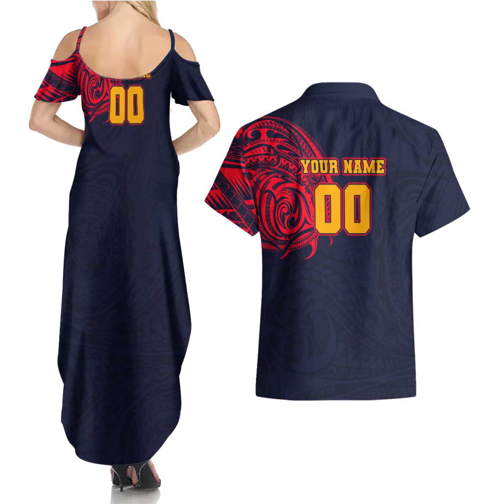 Personalized Adelaide Crows Polynesian Couples Matching Summer Maxi Dress and Hawaiian Shirt Tribal Chest and Sleeve Tattoo Heritage Warrior