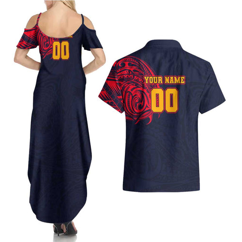 Personalized Adelaide Crows Polynesian Couples Matching Summer Maxi Dress and Hawaiian Shirt Tribal Chest and Sleeve Tattoo Heritage Warrior