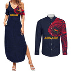 Personalized Adelaide Crows Polynesian Couples Matching Summer Maxi Dress and Long Sleeve Button Shirt Tribal Chest and Sleeve Tattoo Heritage Warrior