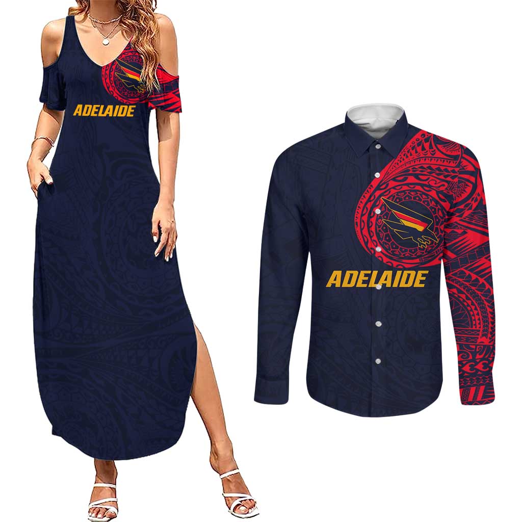 Personalized Adelaide Crows Polynesian Couples Matching Summer Maxi Dress and Long Sleeve Button Shirt Tribal Chest and Sleeve Tattoo Heritage Warrior