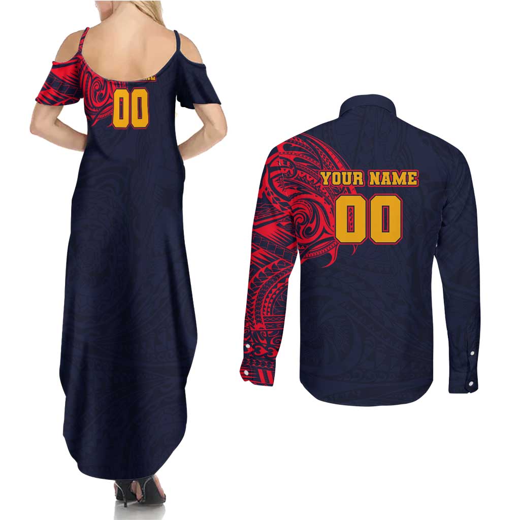 Personalized Adelaide Crows Polynesian Couples Matching Summer Maxi Dress and Long Sleeve Button Shirt Tribal Chest and Sleeve Tattoo Heritage Warrior