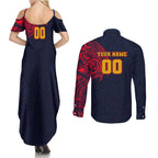 Personalized Adelaide Crows Polynesian Couples Matching Summer Maxi Dress and Long Sleeve Button Shirt Tribal Chest and Sleeve Tattoo Heritage Warrior