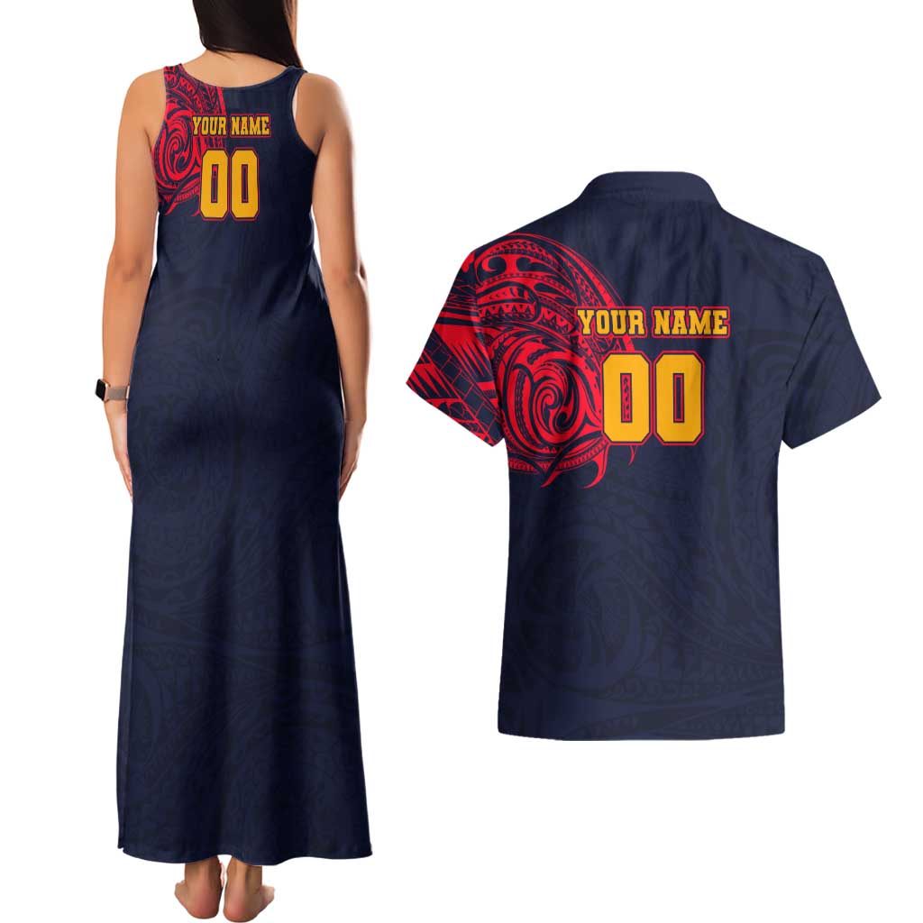 Personalized Adelaide Crows Polynesian Couples Matching Tank Maxi Dress and Hawaiian Shirt Tribal Chest and Sleeve Tattoo Heritage Warrior