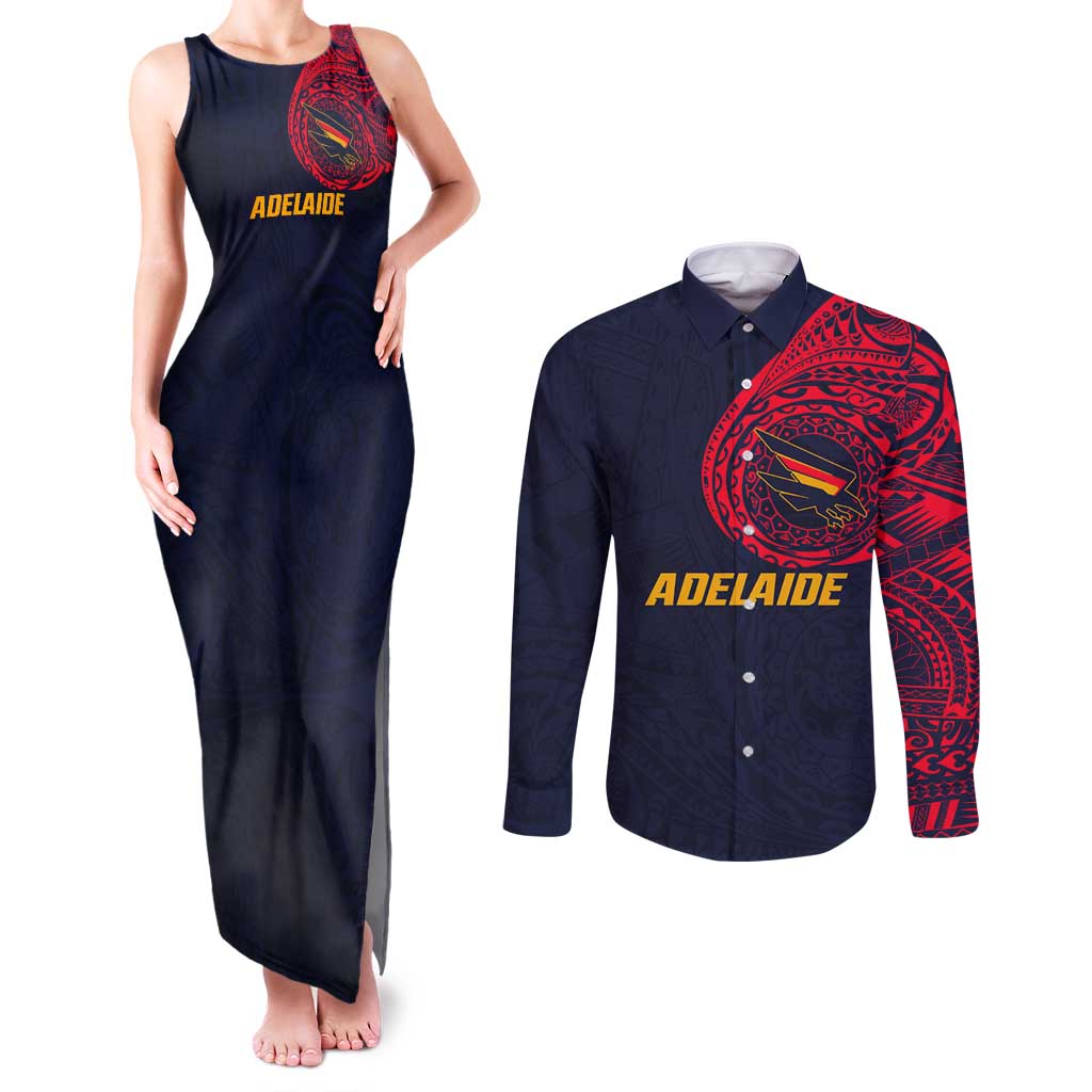 Personalized Adelaide Crows Polynesian Couples Matching Tank Maxi Dress and Long Sleeve Button Shirt Tribal Chest and Sleeve Tattoo Heritage Warrior
