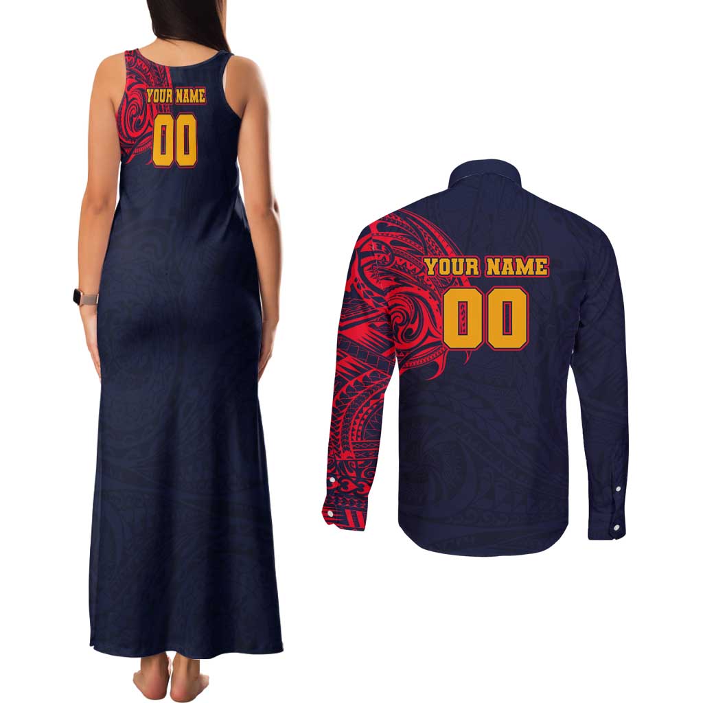 Personalized Adelaide Crows Polynesian Couples Matching Tank Maxi Dress and Long Sleeve Button Shirt Tribal Chest and Sleeve Tattoo Heritage Warrior