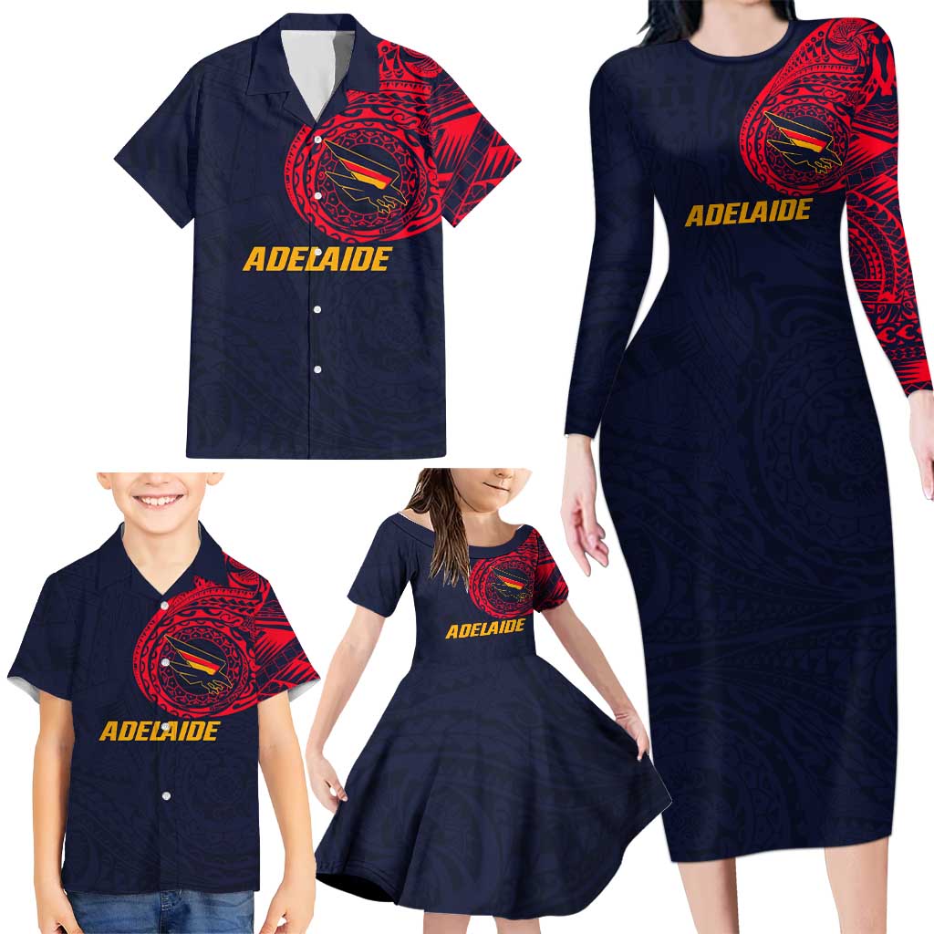 Personalized Adelaide Crows Polynesian Family Matching Long Sleeve Bodycon Dress and Hawaiian Shirt Tribal Chest and Sleeve Tattoo Heritage Warrior