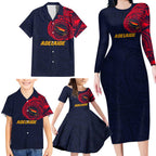 Personalized Adelaide Crows Polynesian Family Matching Long Sleeve Bodycon Dress and Hawaiian Shirt Tribal Chest and Sleeve Tattoo Heritage Warrior