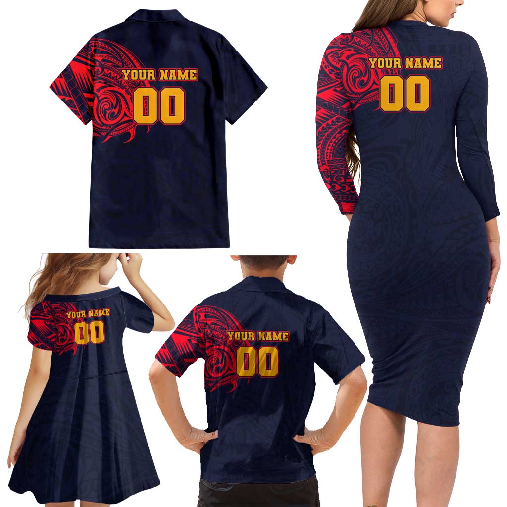 Personalized Adelaide Crows Polynesian Family Matching Long Sleeve Bodycon Dress and Hawaiian Shirt Tribal Chest and Sleeve Tattoo Heritage Warrior