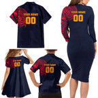 Personalized Adelaide Crows Polynesian Family Matching Long Sleeve Bodycon Dress and Hawaiian Shirt Tribal Chest and Sleeve Tattoo Heritage Warrior