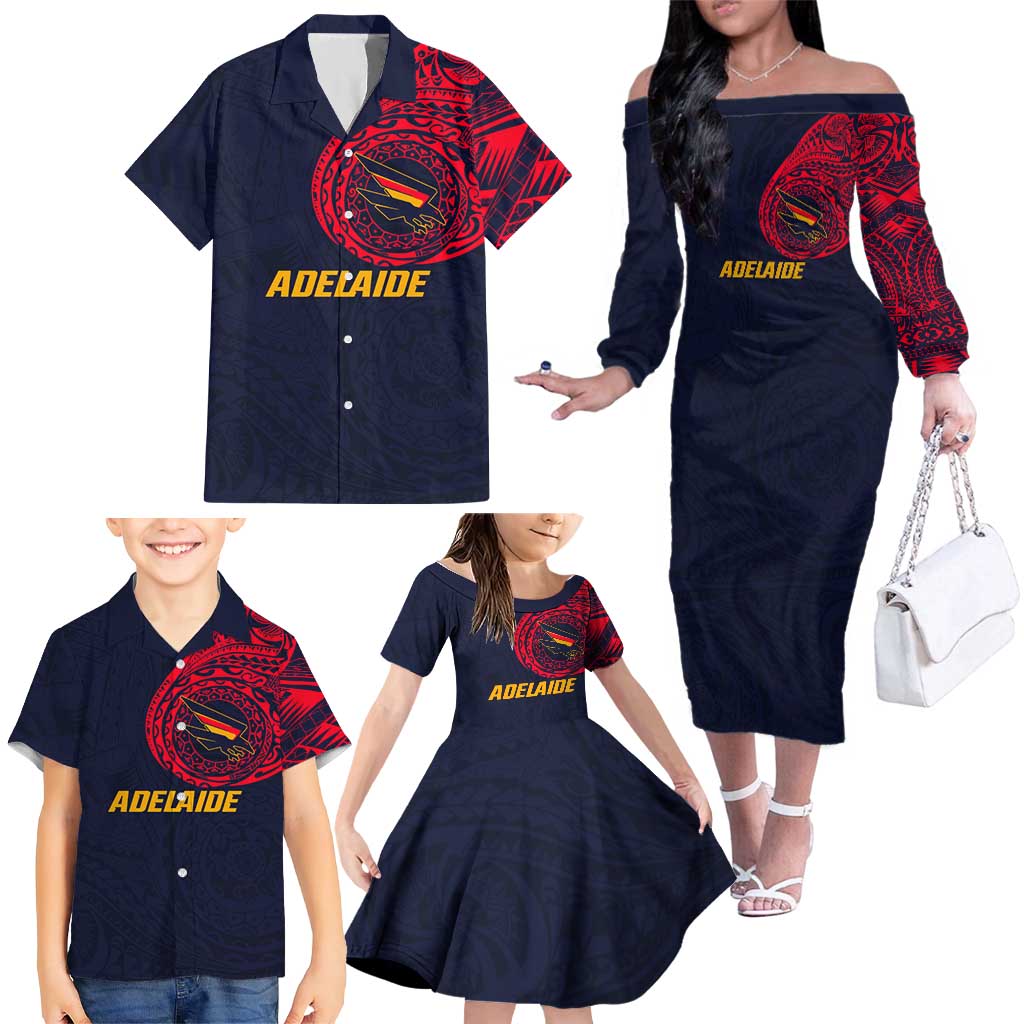 Personalized Adelaide Crows Polynesian Family Matching Off The Shoulder Long Sleeve Dress and Hawaiian Shirt Tribal Chest and Sleeve Tattoo Heritage Warrior