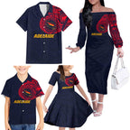 Personalized Adelaide Crows Polynesian Family Matching Off The Shoulder Long Sleeve Dress and Hawaiian Shirt Tribal Chest and Sleeve Tattoo Heritage Warrior