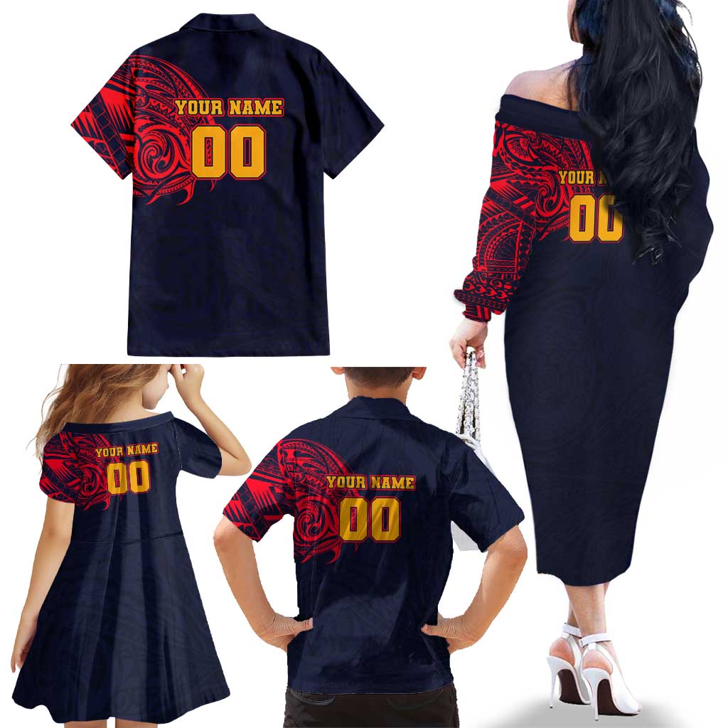 Personalized Adelaide Crows Polynesian Family Matching Off The Shoulder Long Sleeve Dress and Hawaiian Shirt Tribal Chest and Sleeve Tattoo Heritage Warrior