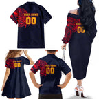 Personalized Adelaide Crows Polynesian Family Matching Off The Shoulder Long Sleeve Dress and Hawaiian Shirt Tribal Chest and Sleeve Tattoo Heritage Warrior