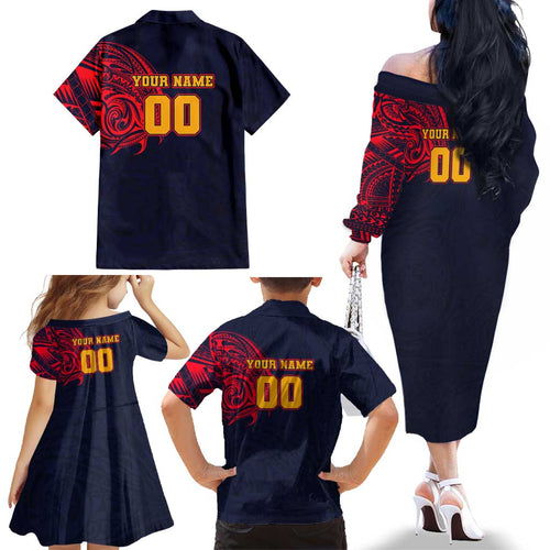 Personalized Adelaide Crows Polynesian Family Matching Off The Shoulder Long Sleeve Dress and Hawaiian Shirt Tribal Chest and Sleeve Tattoo Heritage Warrior