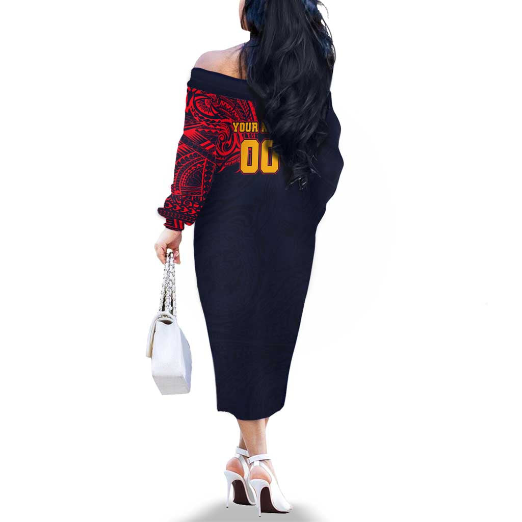 Personalized Adelaide Crows Polynesian Family Matching Off The Shoulder Long Sleeve Dress and Hawaiian Shirt Tribal Chest and Sleeve Tattoo Heritage Warrior