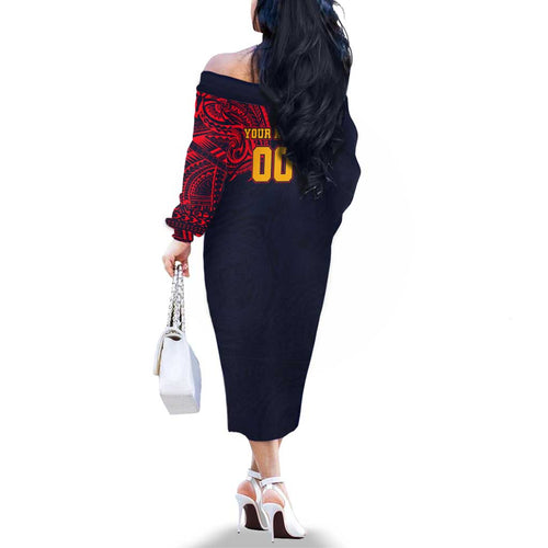 Personalized Adelaide Crows Polynesian Family Matching Off The Shoulder Long Sleeve Dress and Hawaiian Shirt Tribal Chest and Sleeve Tattoo Heritage Warrior
