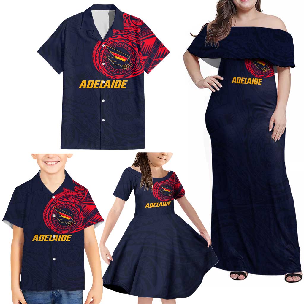 Personalized Adelaide Crows Polynesian Family Matching Off Shoulder Maxi Dress and Hawaiian Shirt Tribal Chest and Sleeve Tattoo Heritage Warrior