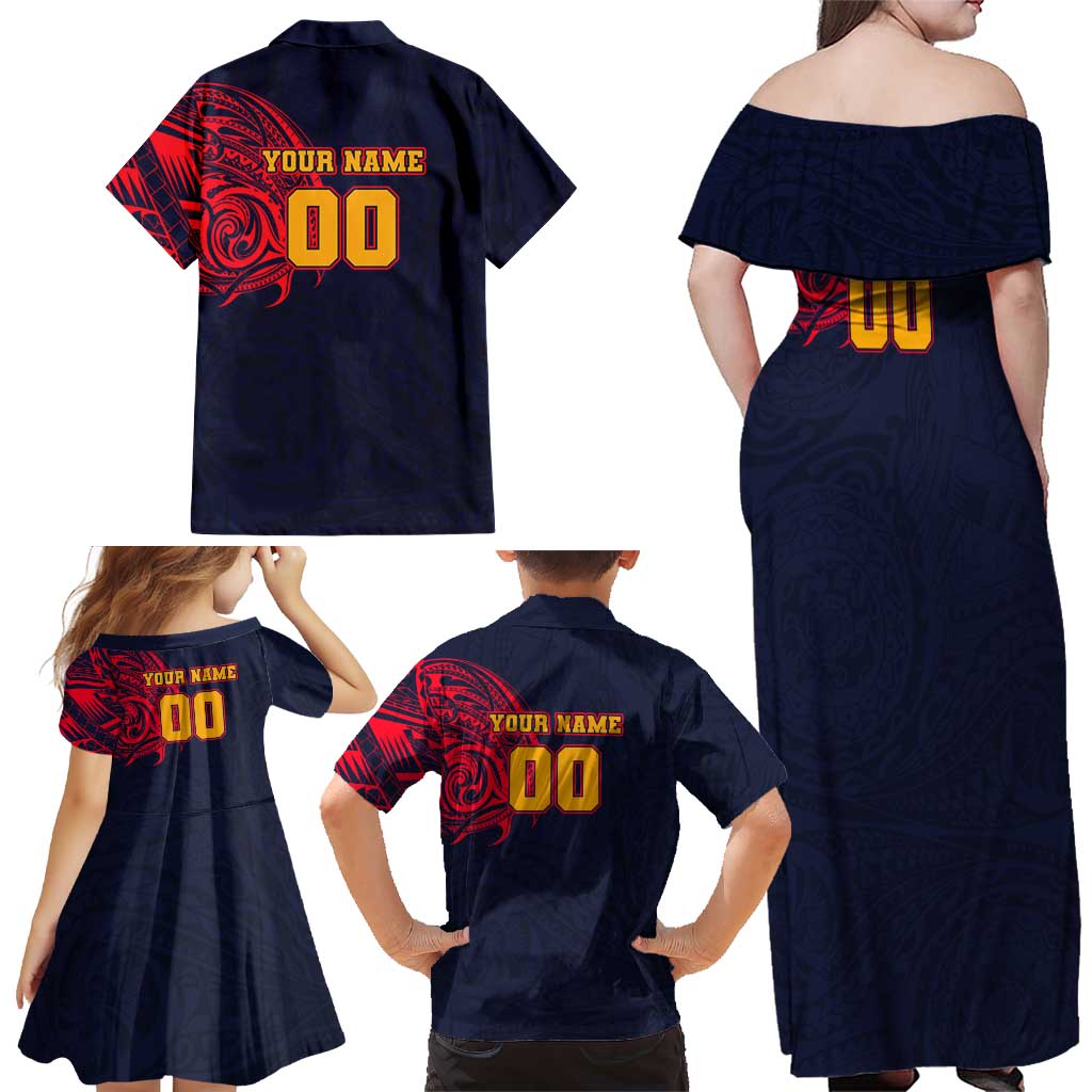 Personalized Adelaide Crows Polynesian Family Matching Off Shoulder Maxi Dress and Hawaiian Shirt Tribal Chest and Sleeve Tattoo Heritage Warrior