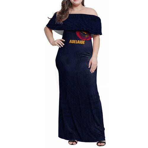 Personalized Adelaide Crows Polynesian Family Matching Off Shoulder Maxi Dress and Hawaiian Shirt Tribal Chest and Sleeve Tattoo Heritage Warrior