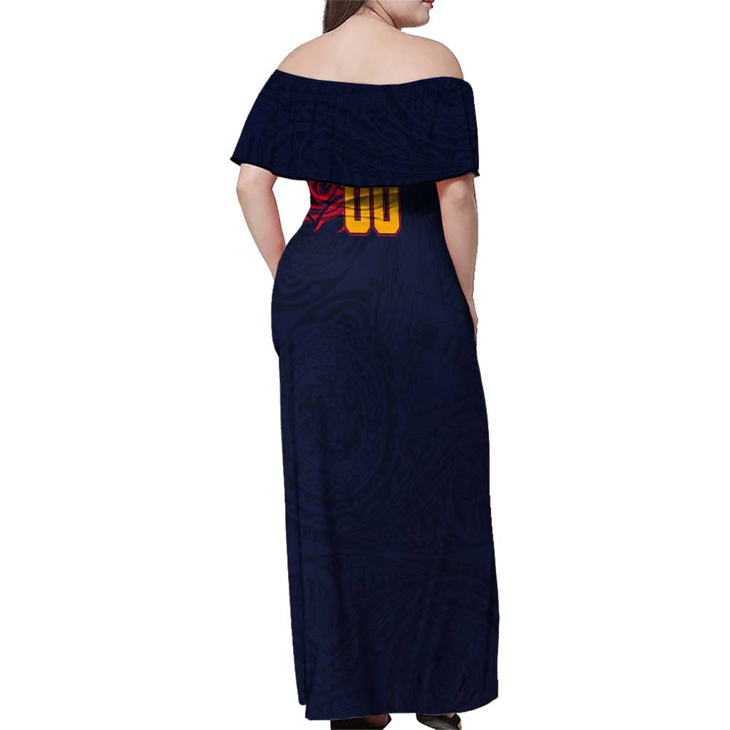 Personalized Adelaide Crows Polynesian Family Matching Off Shoulder Maxi Dress and Hawaiian Shirt Tribal Chest and Sleeve Tattoo Heritage Warrior