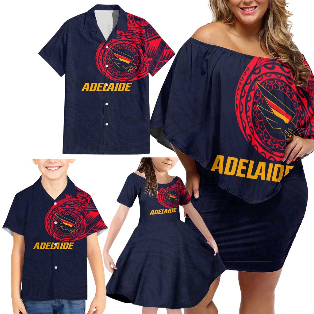 Personalized Adelaide Crows Polynesian Family Matching Off Shoulder Short Dress and Hawaiian Shirt Tribal Chest and Sleeve Tattoo Heritage Warrior
