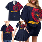 Personalized Adelaide Crows Polynesian Family Matching Off Shoulder Short Dress and Hawaiian Shirt Tribal Chest and Sleeve Tattoo Heritage Warrior