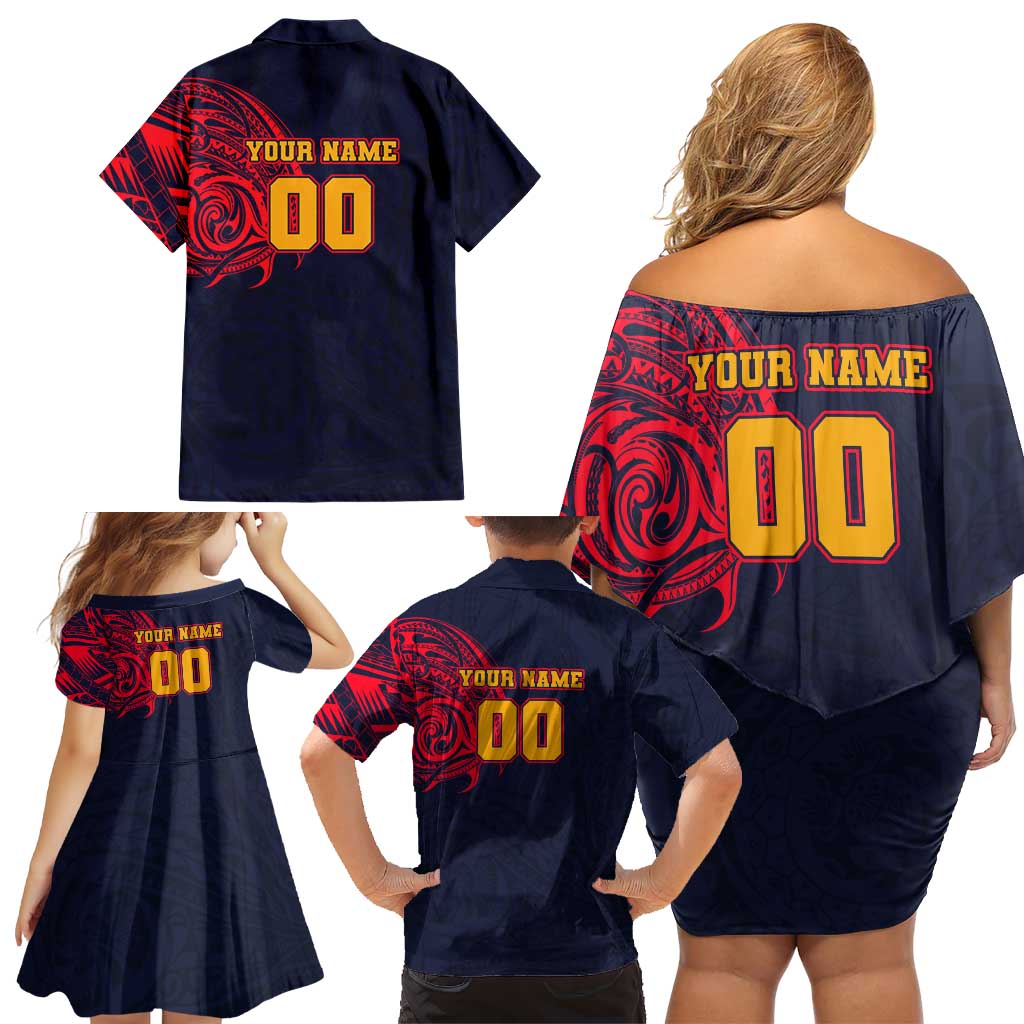 Personalized Adelaide Crows Polynesian Family Matching Off Shoulder Short Dress and Hawaiian Shirt Tribal Chest and Sleeve Tattoo Heritage Warrior