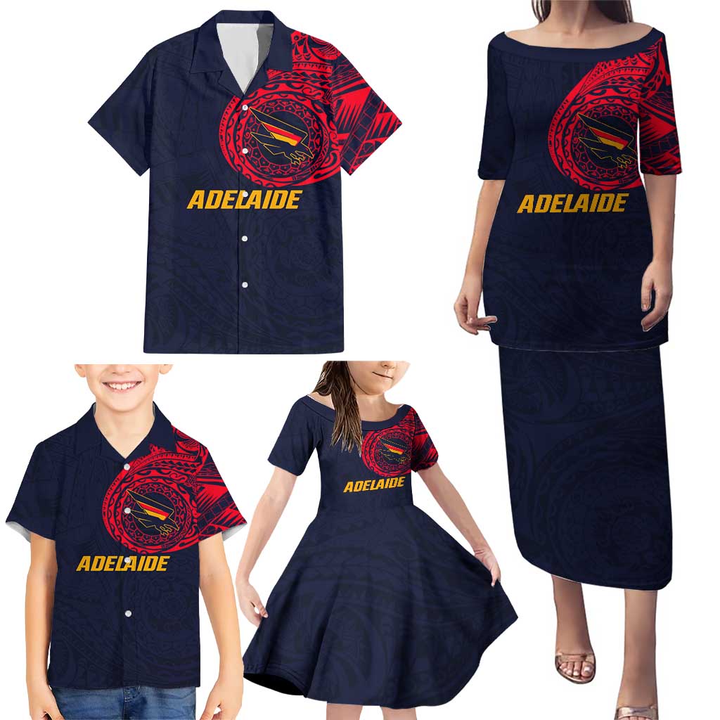Personalized Adelaide Crows Polynesian Family Matching Puletasi and Hawaiian Shirt Tribal Chest and Sleeve Tattoo Heritage Warrior