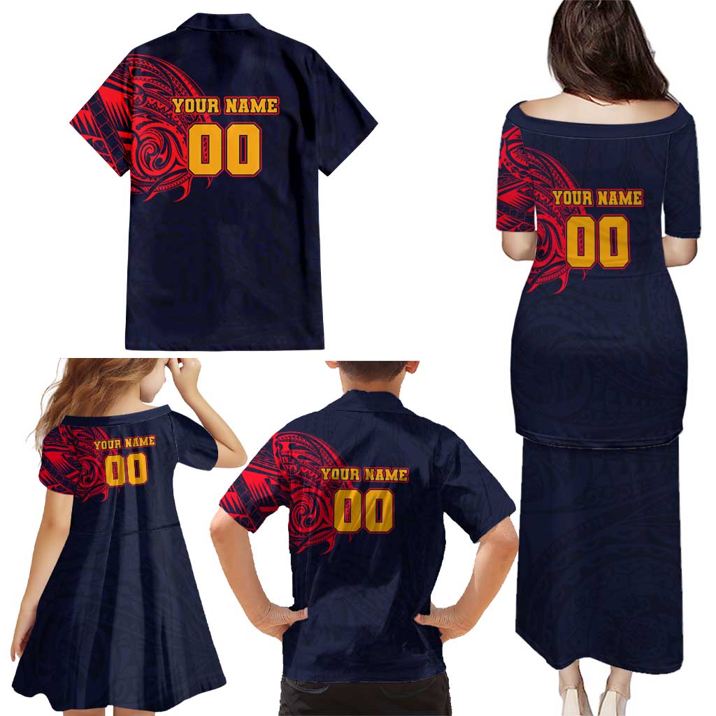 Personalized Adelaide Crows Polynesian Family Matching Puletasi and Hawaiian Shirt Tribal Chest and Sleeve Tattoo Heritage Warrior