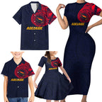 Personalized Adelaide Crows Polynesian Family Matching Short Sleeve Bodycon Dress and Hawaiian Shirt Tribal Chest and Sleeve Tattoo Heritage Warrior