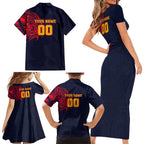 Personalized Adelaide Crows Polynesian Family Matching Short Sleeve Bodycon Dress and Hawaiian Shirt Tribal Chest and Sleeve Tattoo Heritage Warrior