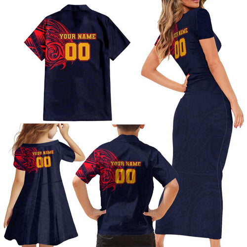 Personalized Adelaide Crows Polynesian Family Matching Short Sleeve Bodycon Dress and Hawaiian Shirt Tribal Chest and Sleeve Tattoo Heritage Warrior