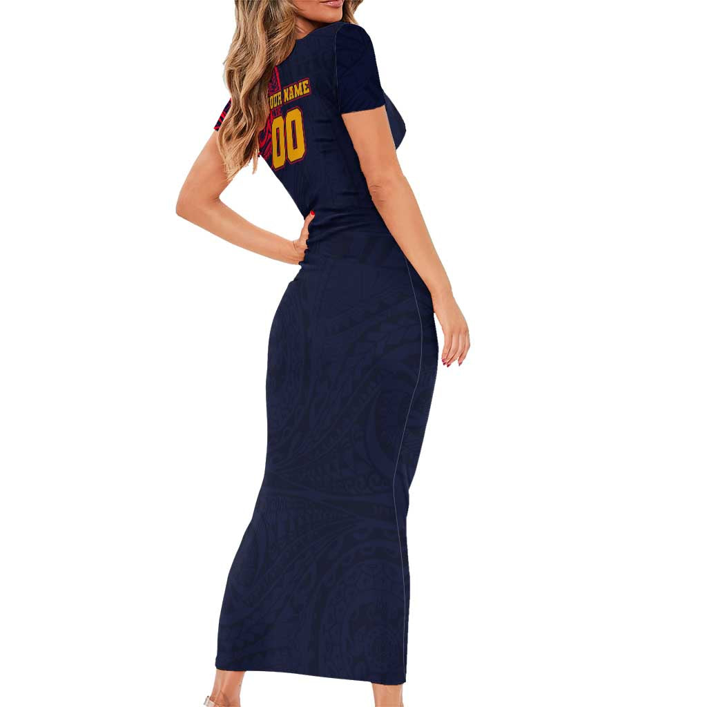 Personalized Adelaide Crows Polynesian Family Matching Short Sleeve Bodycon Dress and Hawaiian Shirt Tribal Chest and Sleeve Tattoo Heritage Warrior