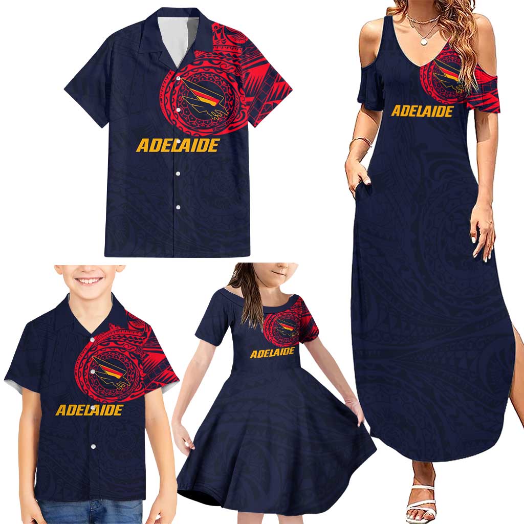Personalized Adelaide Crows Polynesian Family Matching Summer Maxi Dress and Hawaiian Shirt Tribal Chest and Sleeve Tattoo Heritage Warrior